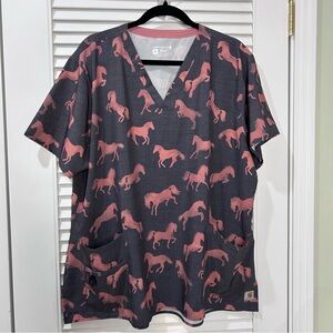 Carhartt Women’s 2XL Modern Scrub Top Gray Pink Horse Print V-Neck